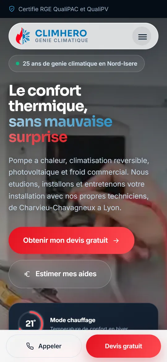 Le site Climhero sur téléphone